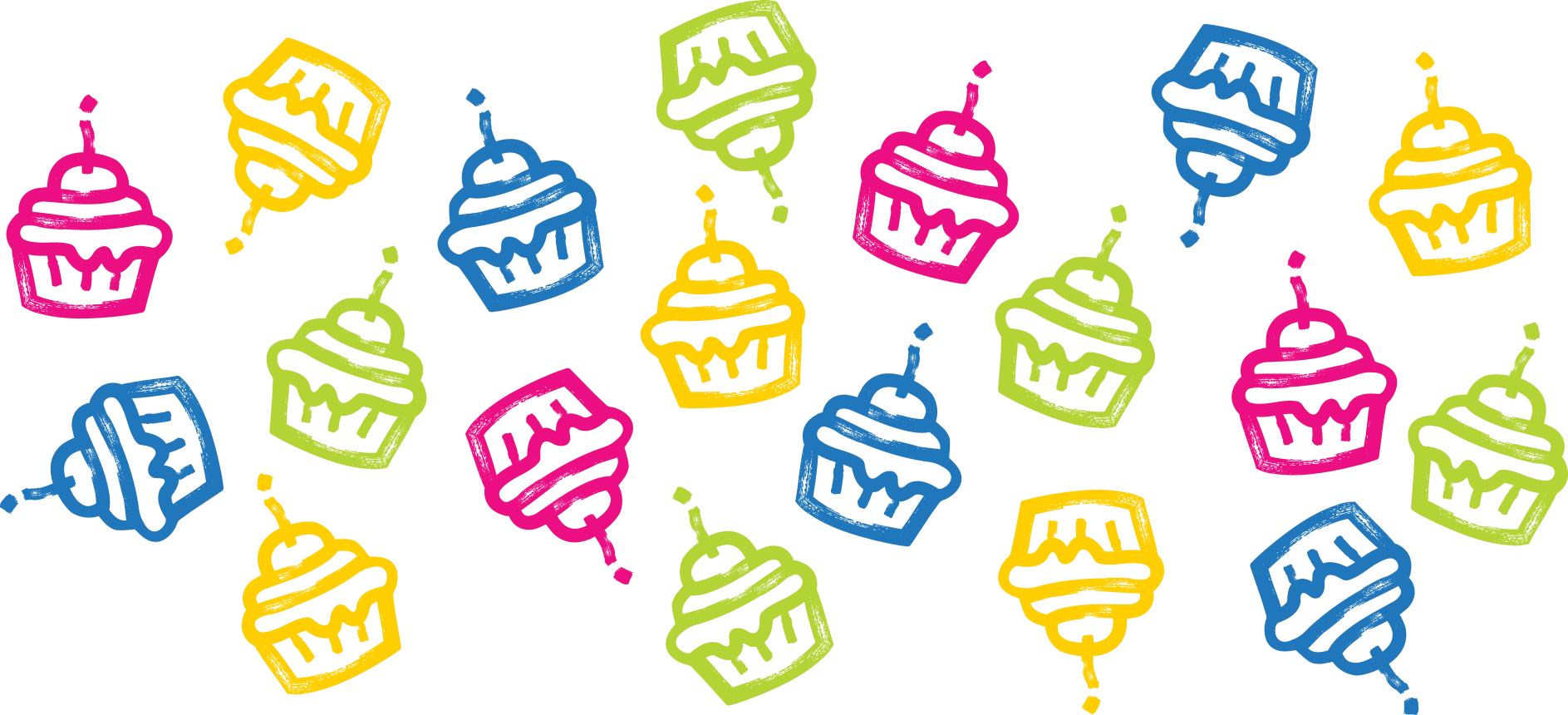 blue, green, yellow, and pink cupcakes on a white background