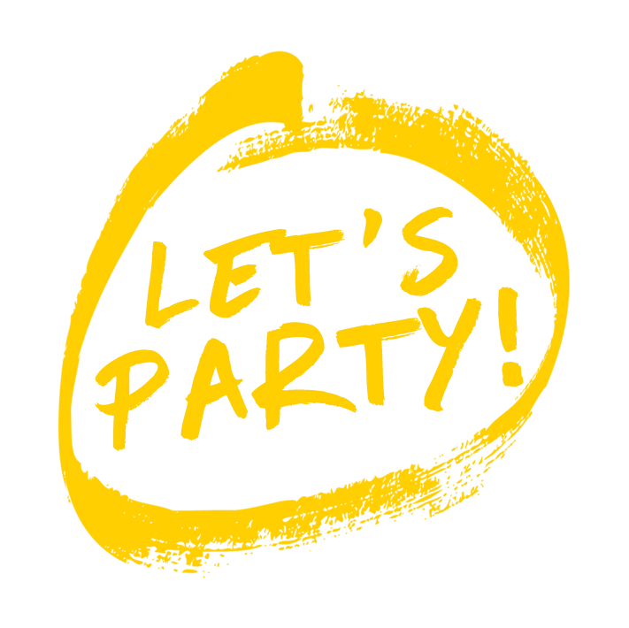 let's party yellow text inside a yellow circle